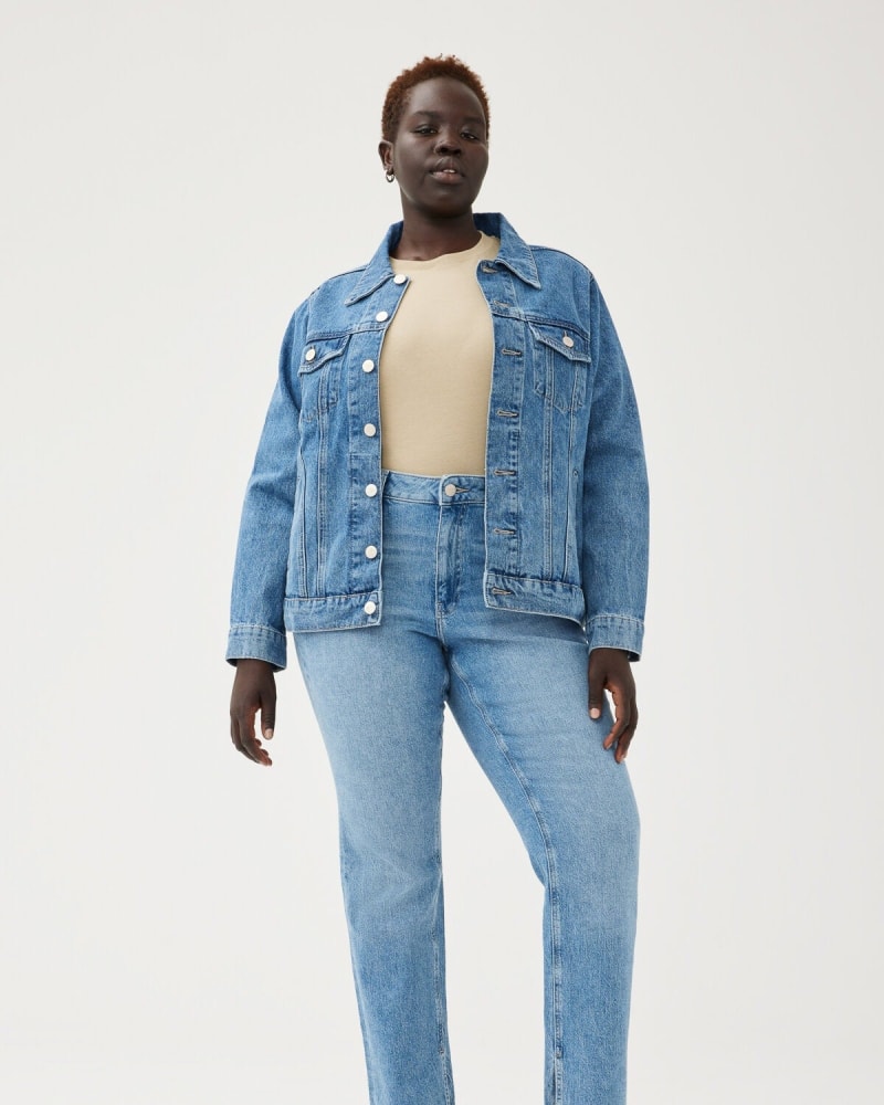 Front of a model wearing a size 3XL LBC PLUS - DENIM JACKET | CLARE in CLARE by Warp + Weft. | dia_product_style_image_id:280167